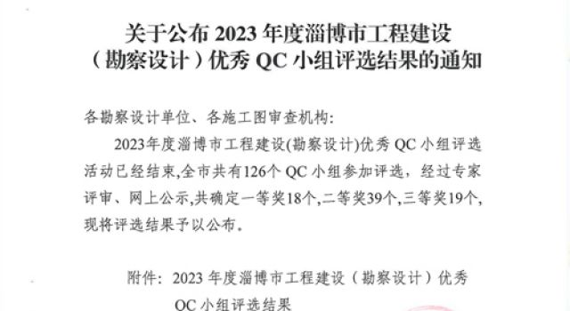 北京分院荣获“淄博市工程建设（勘察设计）优秀QC小组”奖项